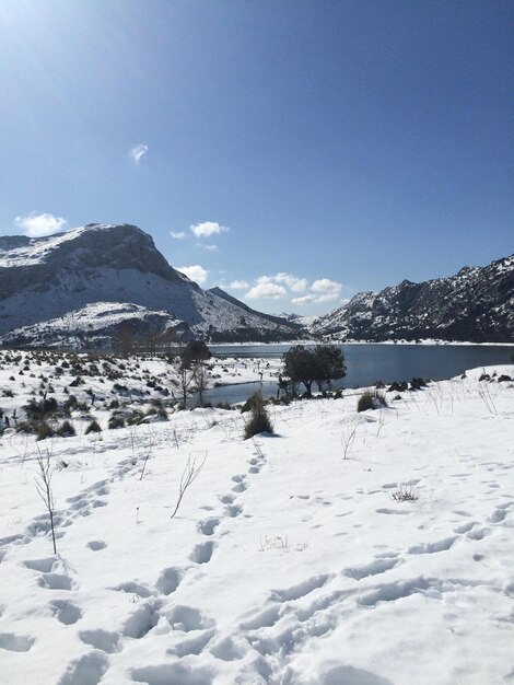 Foto la vista panoramica delle montagne coperte di neve