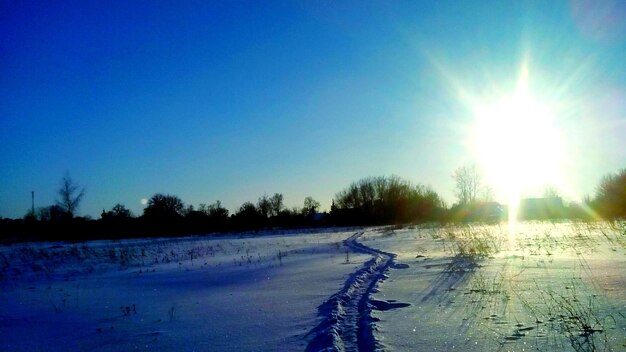 Scenic view of snow field against clear blue sky