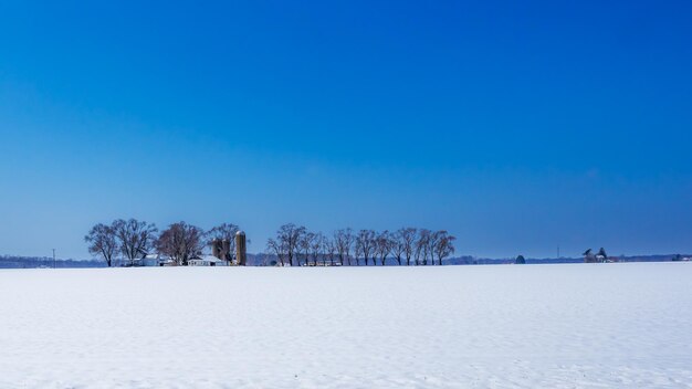 Scenic view of snowcapped field against blue sky