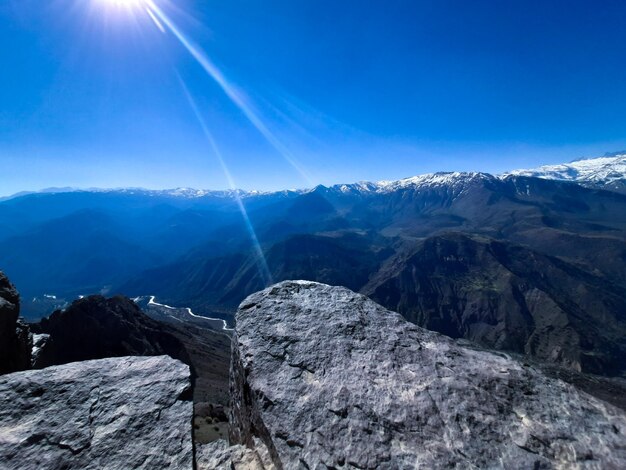 Scenic view of snowcapped mountains against blue sky