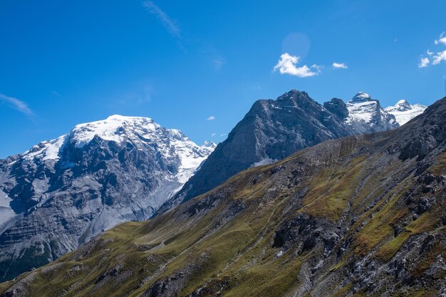 Scenic view of snowcapped mountains against blue sky