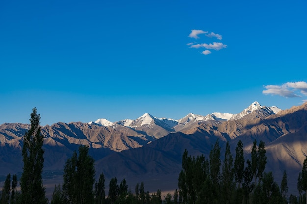 Scenic view of snowcapped mountains against blue sky