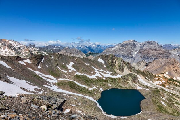 Scenic view of snowcapped mountains against blue sky