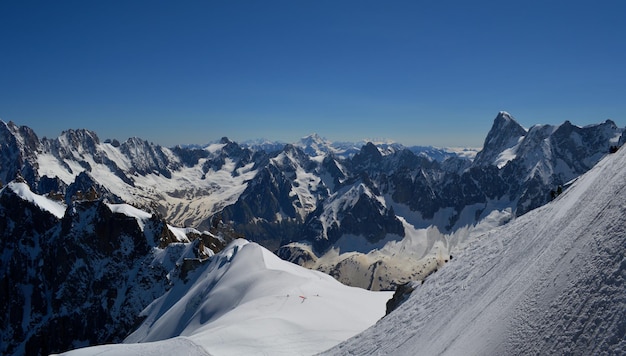 Scenic view of snowcapped mountains against clear blue sky mountain climbers on the glacier