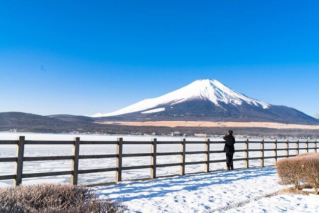 Scenic view of snowcapped mountains against clear blue sky