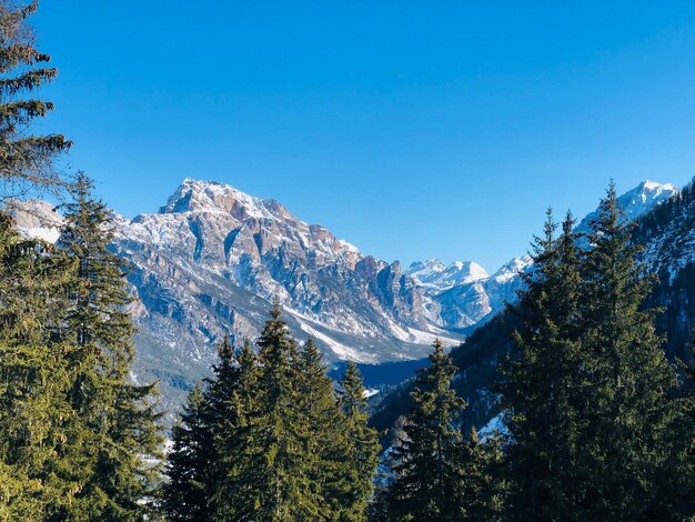 Foto la vista panoramica delle montagne innevate contro un cielo azzurro limpido