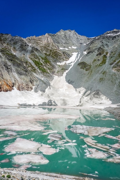 Scenic view of snowcapped mountains against clear blue sky