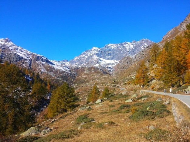 Scenic view of snowcapped mountains against clear blue sky