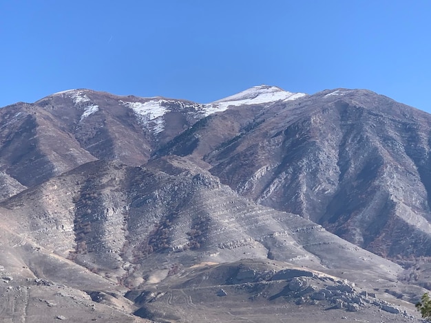 Scenic view of snowcapped mountains against clear blue sky