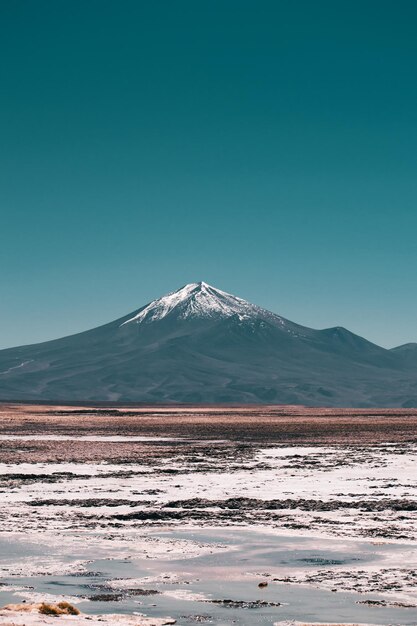 Scenic view of snowcapped mountains against clear blue sky