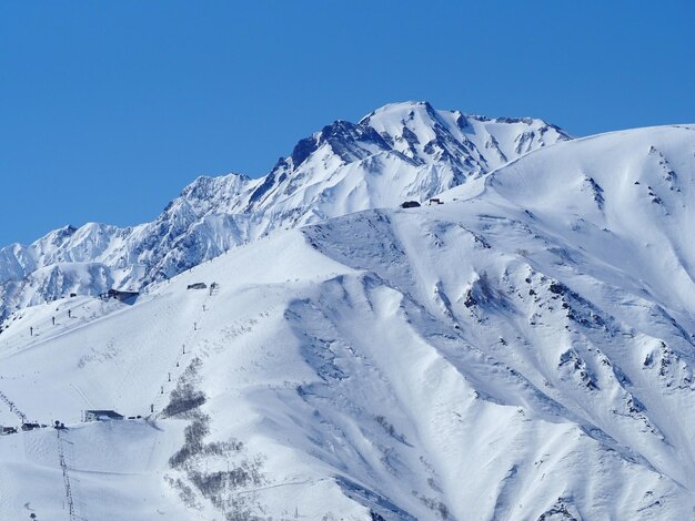 Scenic view of snowcapped mountains against clear blue sky