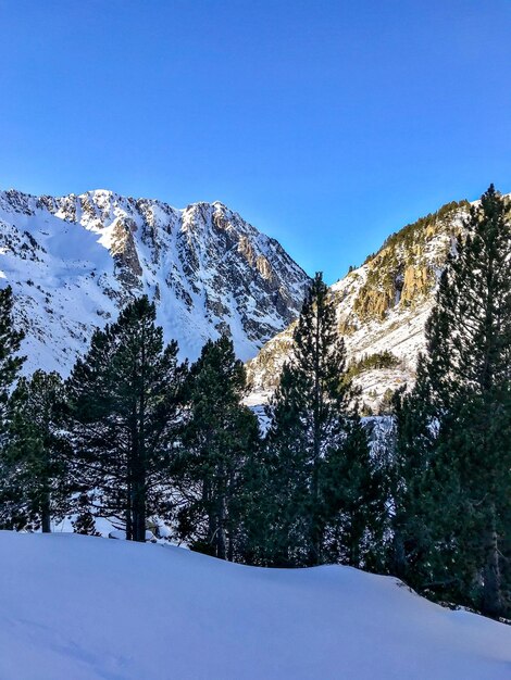 Scenic view of snowcapped mountains against clear blue sky