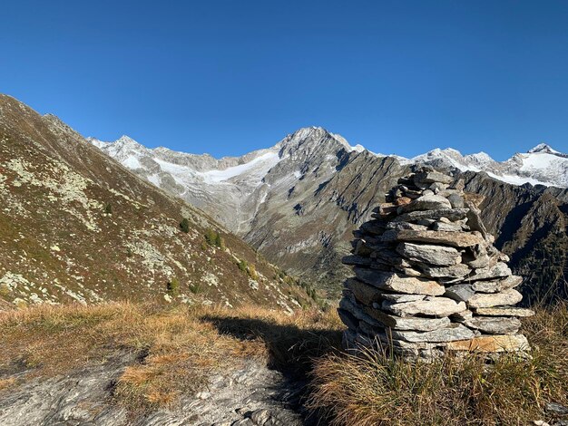 Scenic view of snowcapped mountains against clear blue sky