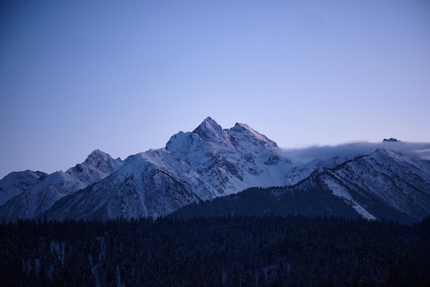 Scenic view of snowcapped mountains against clear blue sky