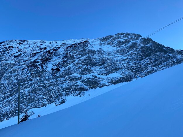 Scenic view of snowcapped mountains against clear blue sky