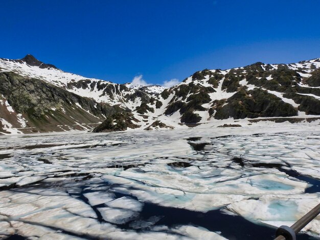 Scenic view of snowcapped mountains against clear blue sky