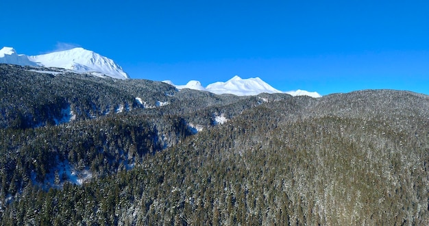 Scenic view of snowcapped mountains against clear blue sky