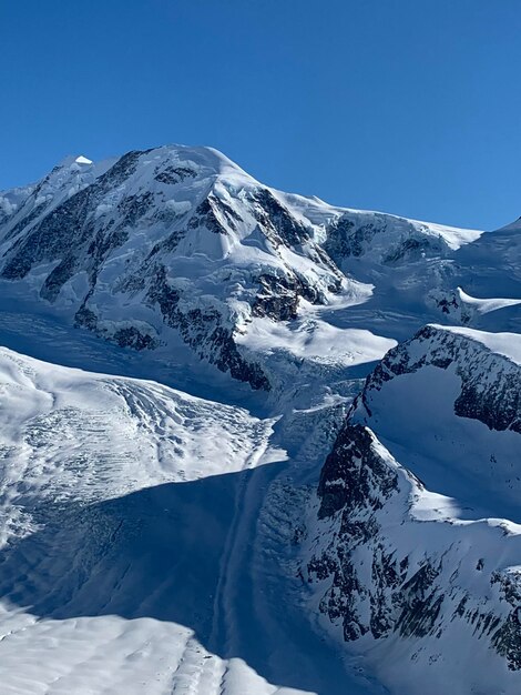 Scenic view of snowcapped mountains against clear blue sky