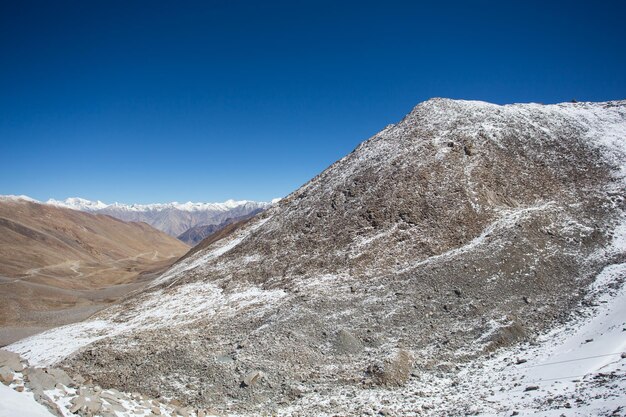 Scenic view of snowcapped mountains against clear blue sky