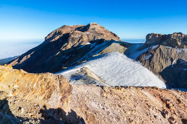 Scenic view of snowcapped mountains against clear blue sky