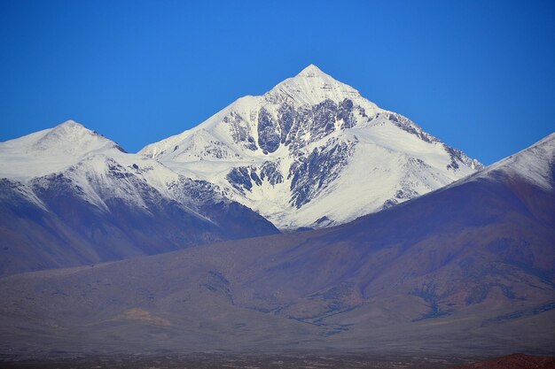 Scenic view of snowcapped mountains against clear blue sky