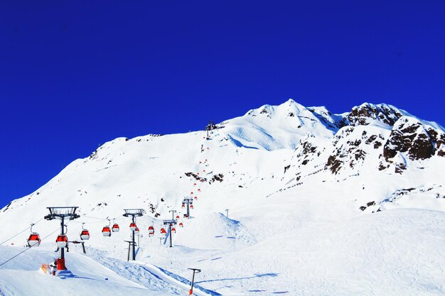 Scenic view of snowcapped mountains against clear blue sky