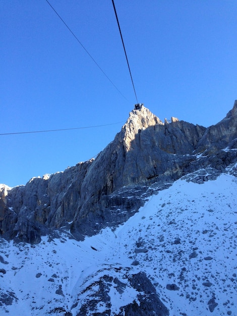 Scenic view of snowcapped mountains against clear blue sky