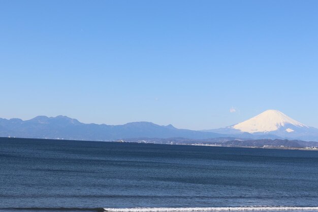 Scenic view of snowcapped mountains against clear blue sky