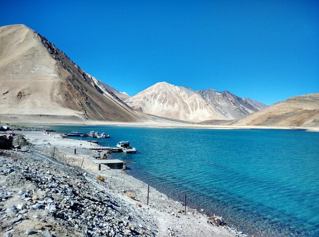 Scenic view of snowcapped mountains against clear sky pangong to lake