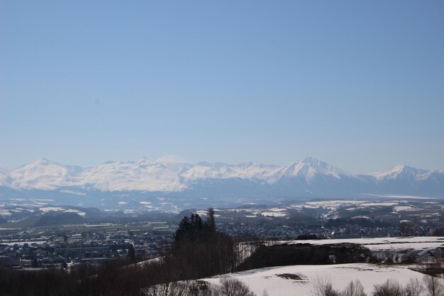 Scenic view of snowcapped mountains against clear sky