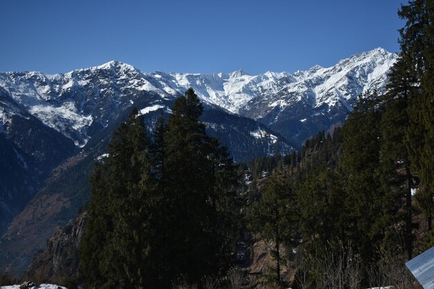 Scenic view of snowcapped mountains against clear sky