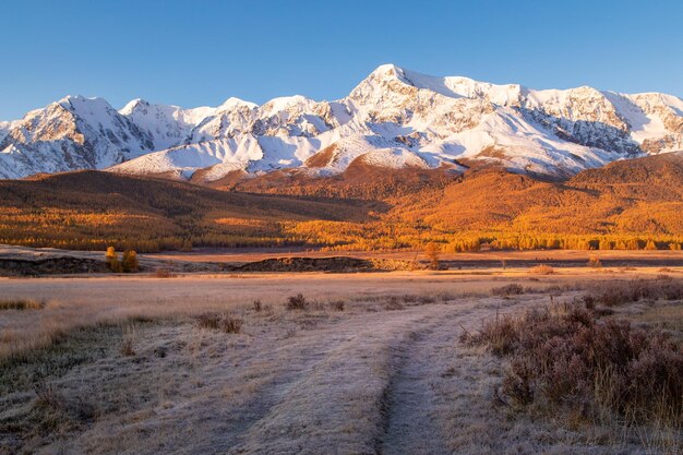 Scenic view of snowcapped mountains against clear sky