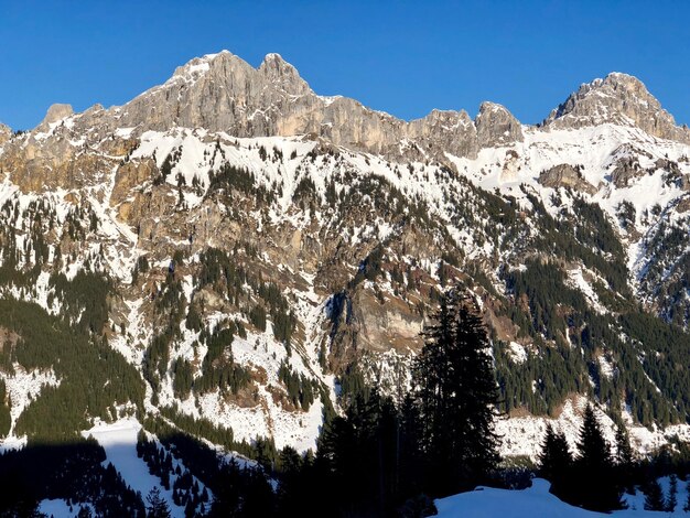 Foto la vista panoramica delle montagne innevate contro un cielo limpido