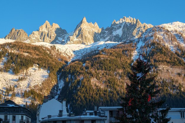 Scenic view of snowcapped mountains against clear sky