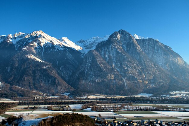 Scenic view of snowcapped mountains against clear sky