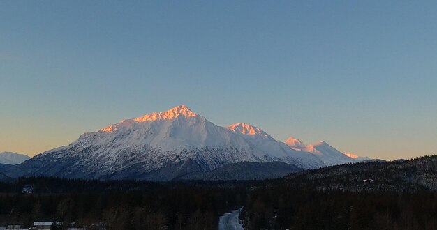 Scenic view of snowcapped mountains against clear sky