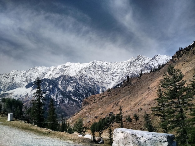 scenic view of snowcapped mountains against cloudy sky