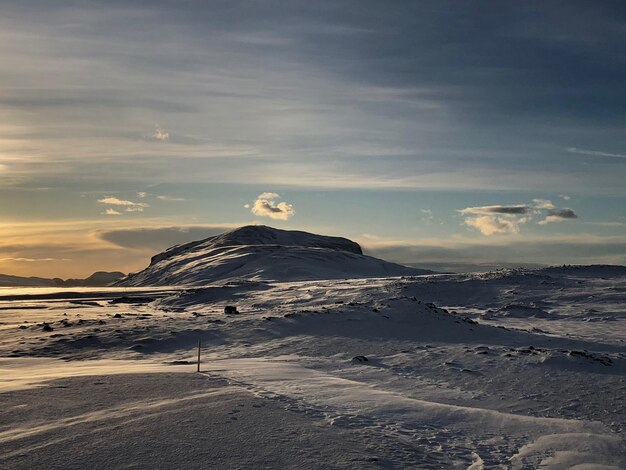 Scenic view of snowcapped mountains against sky during sunset