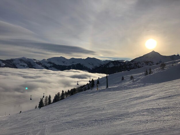 Scenic view of snowcapped mountains against sky during winter