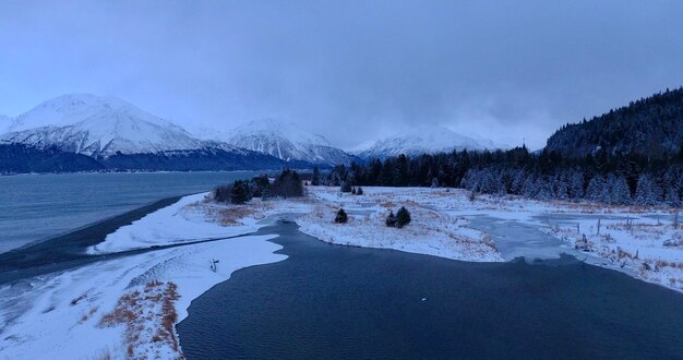 Scenic view of snowcapped mountains against sky during winter