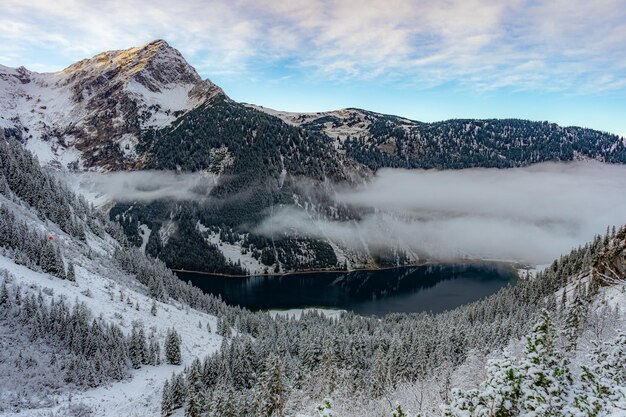 Scenic view of snowcapped mountains against sky during winter