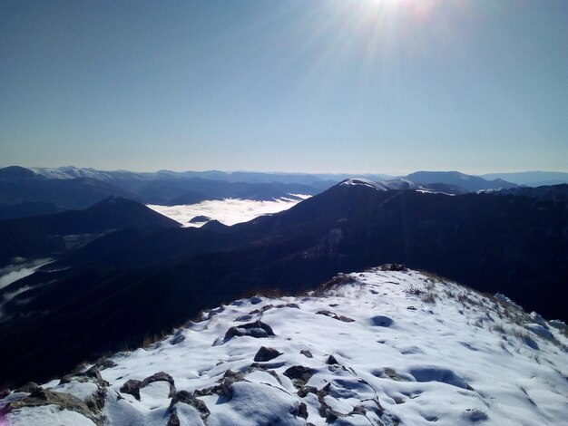 Scenic view of snowcapped mountains against sky