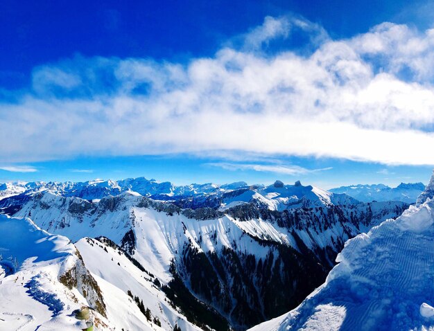 Scenic view of snowcapped mountains against sky