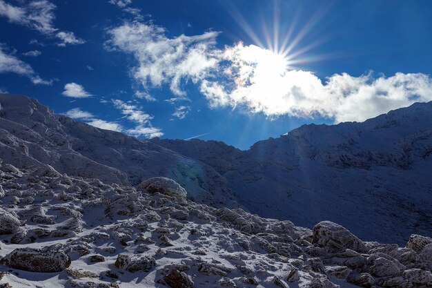 Scenic view of snowcapped mountains against sky