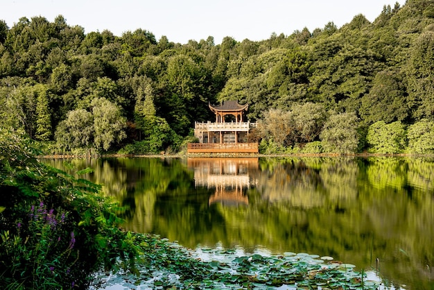 湖辺の寺院の景色