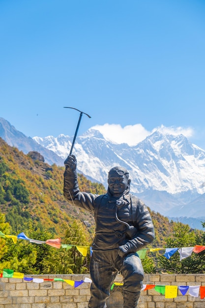 Scenic view of tenzing norgay statue in namche bazaar one of\
famous landmark and viewpoint for tourist during everest base camp\
trekking in nepal