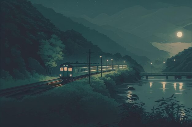 A scenic view of a train crossing a valley over a river with luminous headlights at night Fantasy concept Illustration painting Generative AI