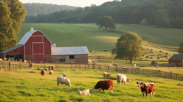 Scenic view of a vibrant farm with various livestock grazing on lush green fields with rustic barns in the background