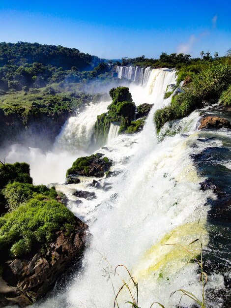 Scenic view of waterfall against clear sky