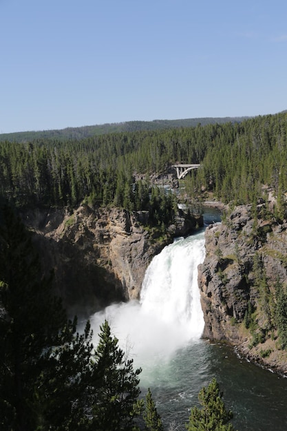 Scenic view of waterfall against clear sky